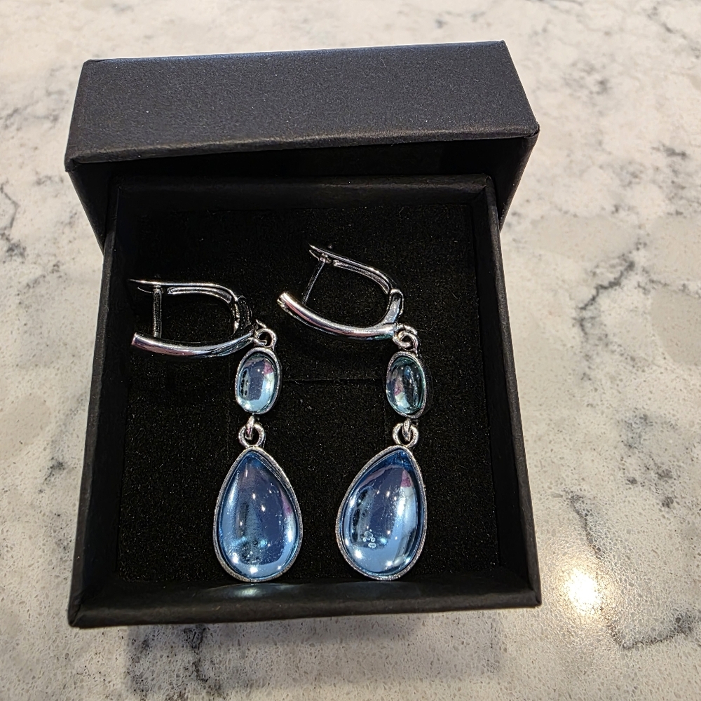 Blue Topaz Rhinestone Teardrop Hoop Earrings NEW!